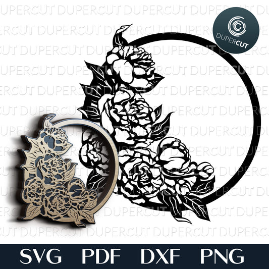 Peony circle floral wreath, layered template. SVG PNG DXF cutting files for Glowforge, Cricut, Silhouette cameo, laser engraving, scroll saw pattern, CNC machine