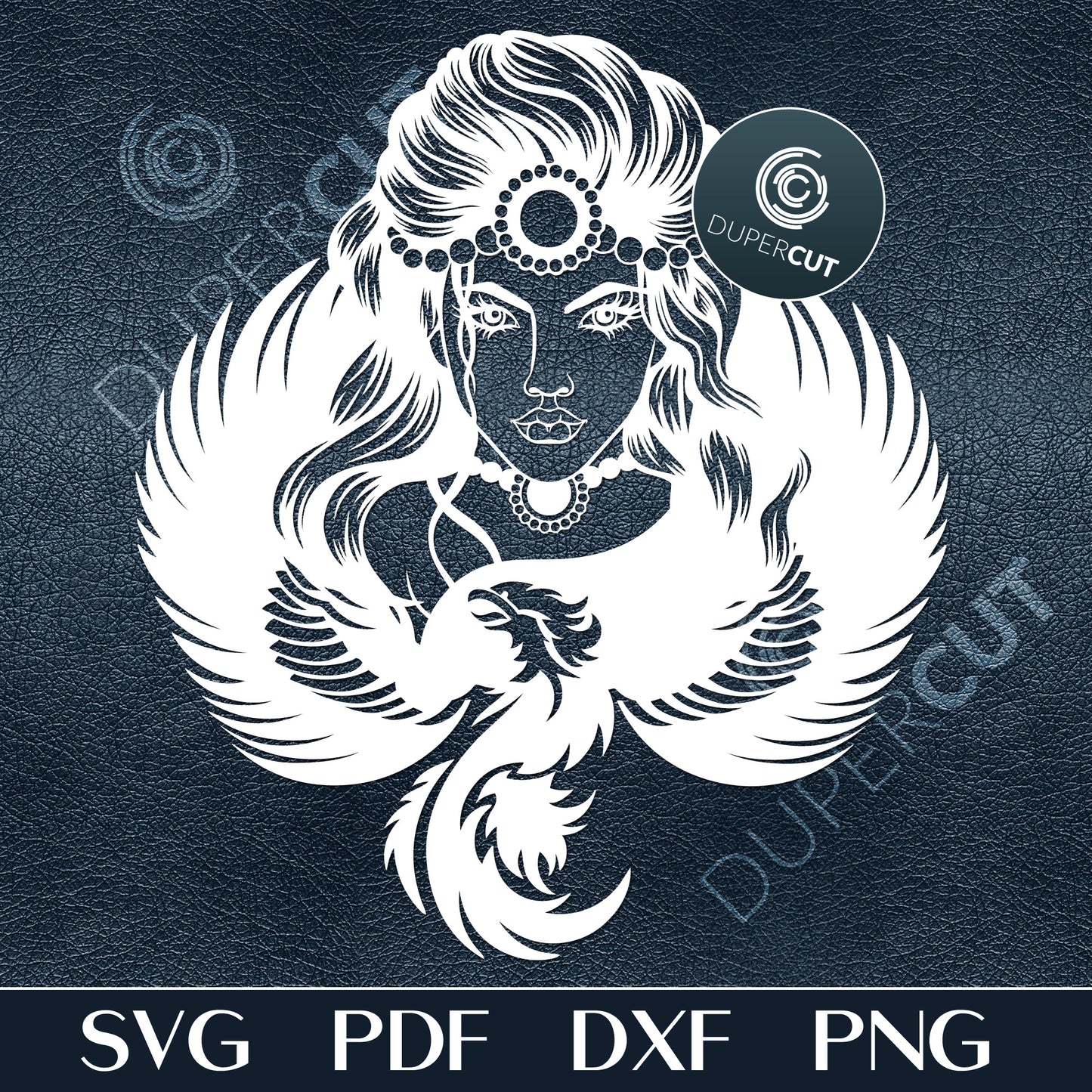Phoenix bird with gypsy, black illustration. Papercutting template for commercial use. SVG files for Silhouette Cameo, Cricut, Glowforge, DXF for CNC, laser cutting, print on demand