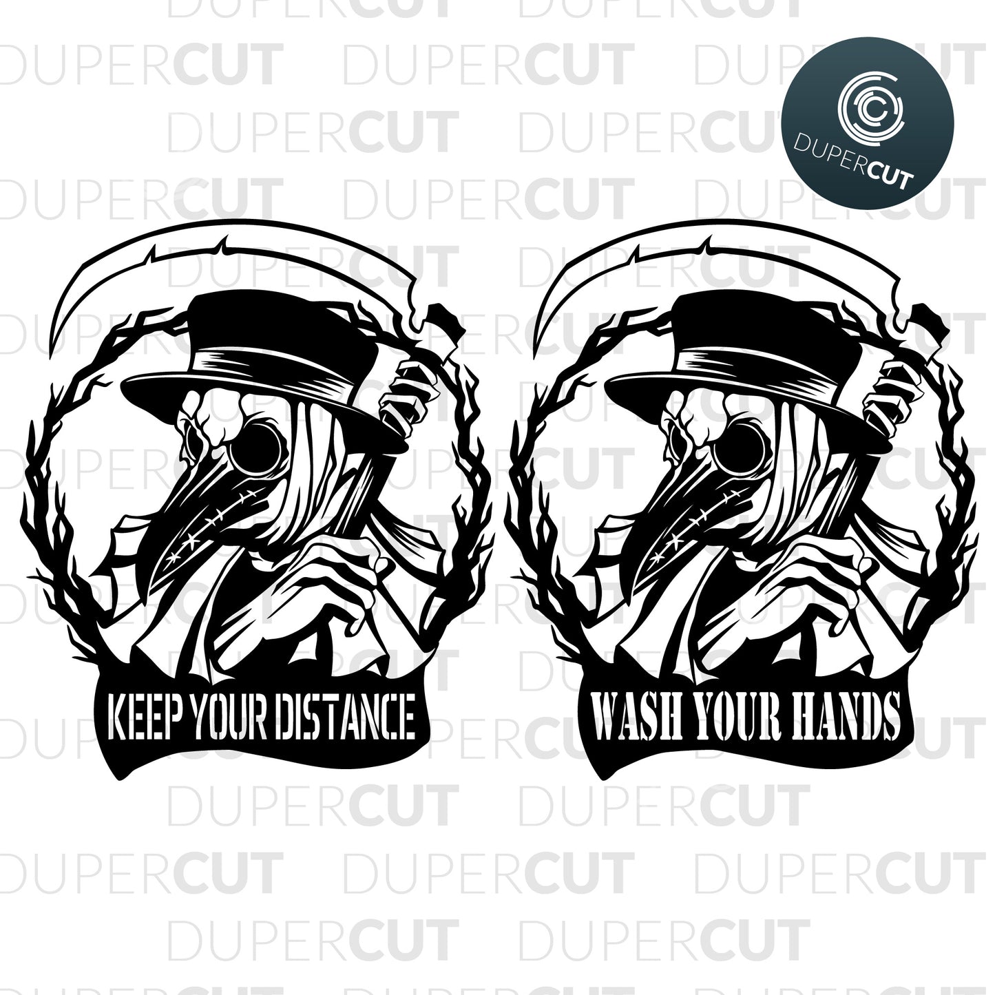 Plague doctor with scythe, black custom covid sign - SVG DXF JPEG files for CNC machines, laser cutting, Cricut, Silhouette Cameo, Glowforge engraving