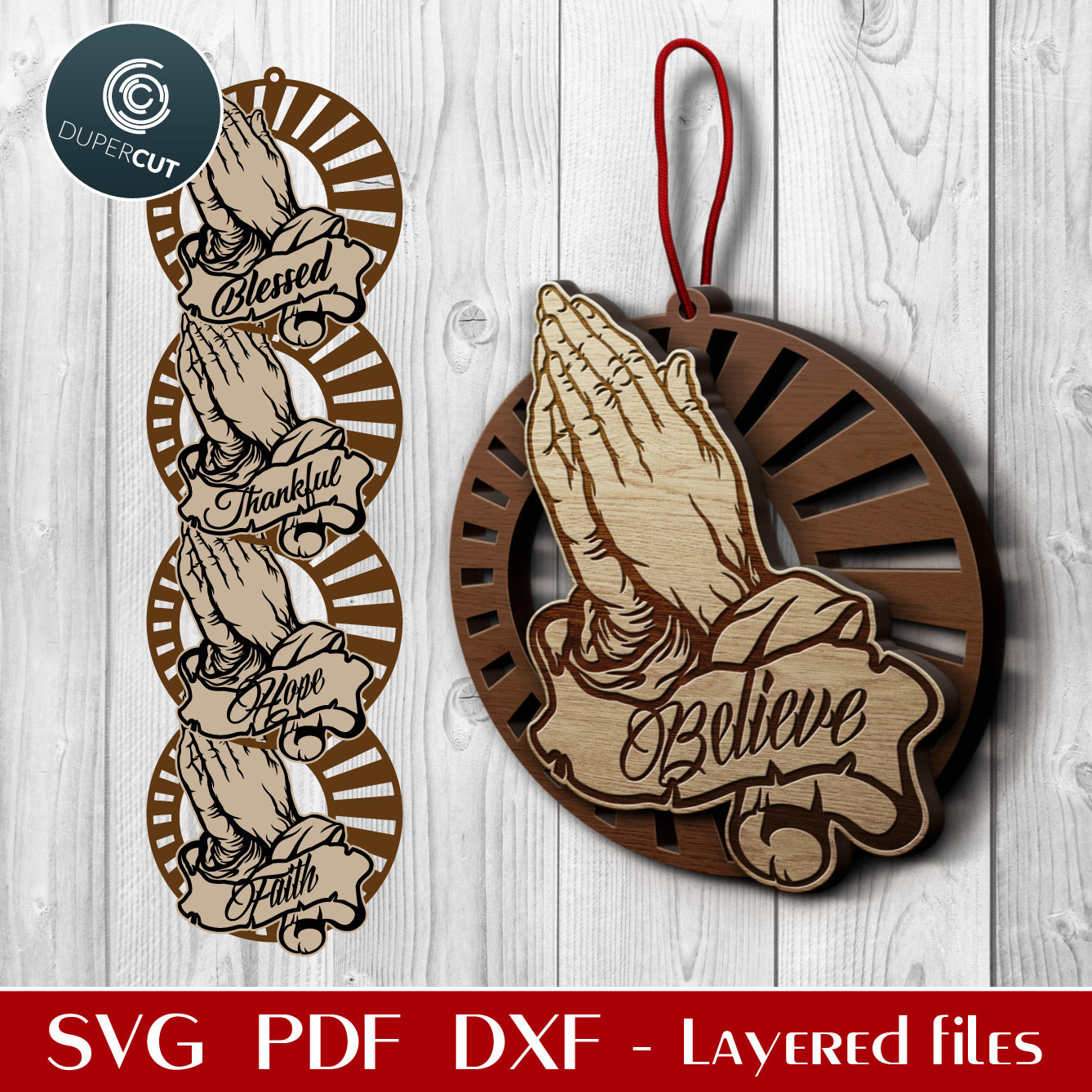 Praying hands Christmas ornaments - layered SVG DXF files for laser cutting and engraving. Glowforge, Cricut, Silhouette, CNC plasma machines.