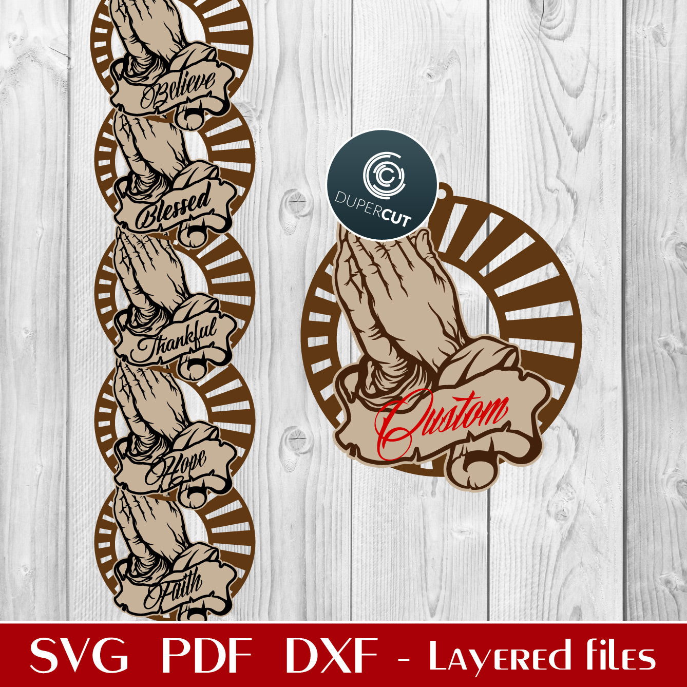 Personalized Praying hands Christmas ornaments - layered SVG DXF files for laser cutting and engraving. Glowforge, Cricut, Silhouette, CNC plasma machines.