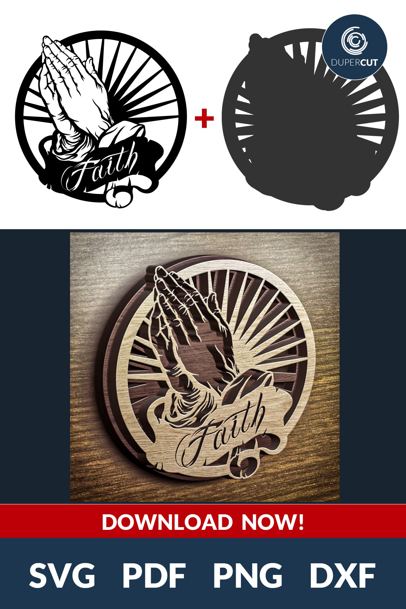 Praying hands DIY layered wood laser cutting template - SVG DXF PNG files for Cricut, Glowforge, Silhouette Cameo, CNC Machines