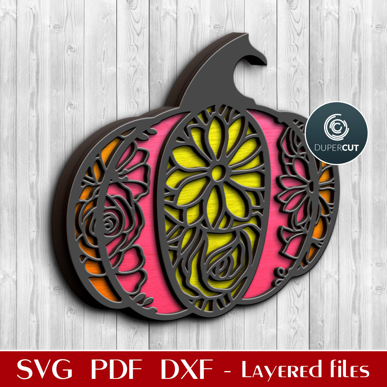 Floral pumpkin SVG PNG DXF layered cutting files for Glowforge, Cricut, Silhouette, laser CNC machines by DuperCut