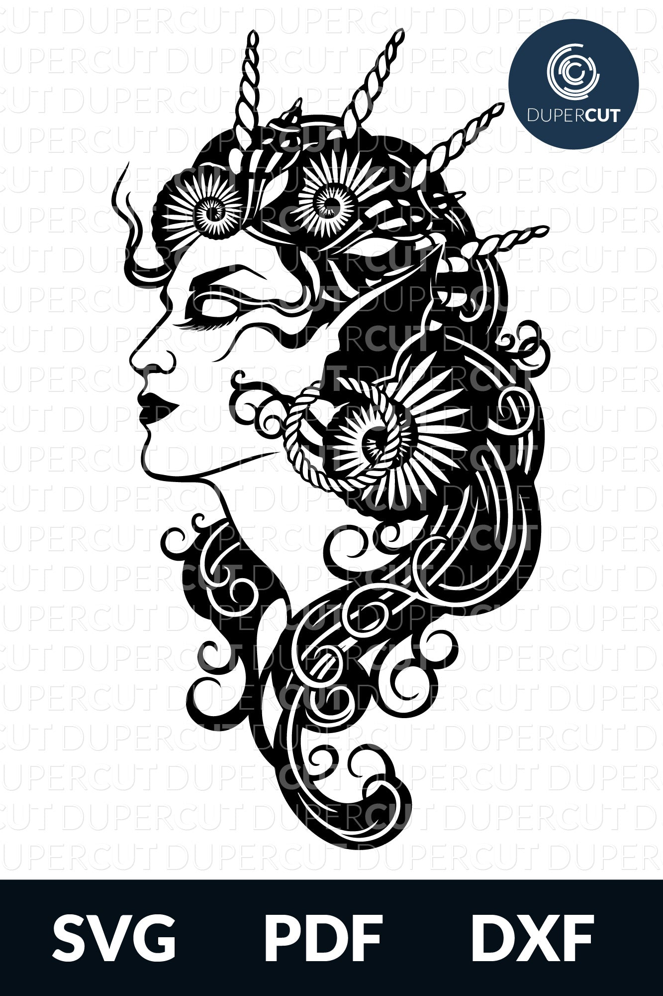 Black and white girl with seashells, tattoo line art. SVG PNG DXF cutting files for Cricut, Silhouette, Glowforge, print on demand, sublimation templates