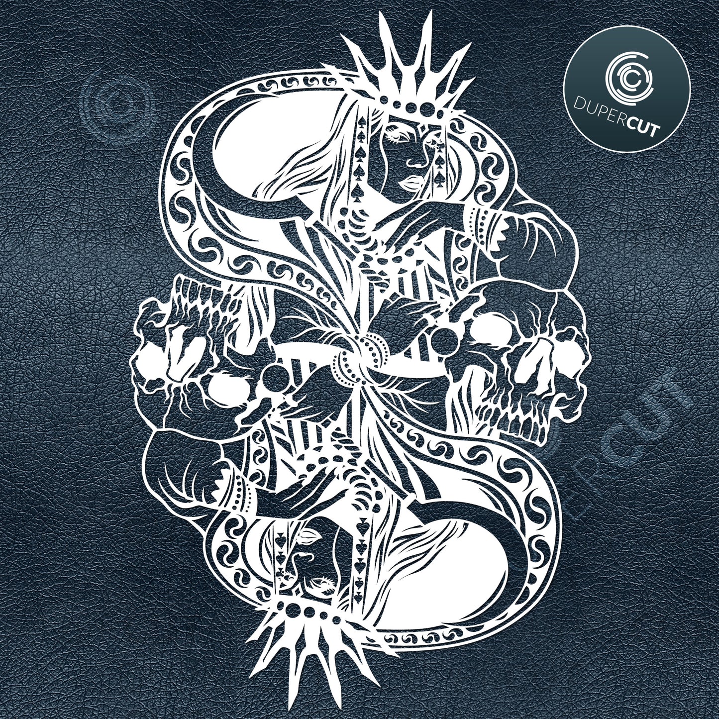 Card queen of spades with skulls, tattoo style custom illustration. SVG PNG DXF cutting files for Cricut, Silhouette, Glowforge, print on demand, sublimation templates