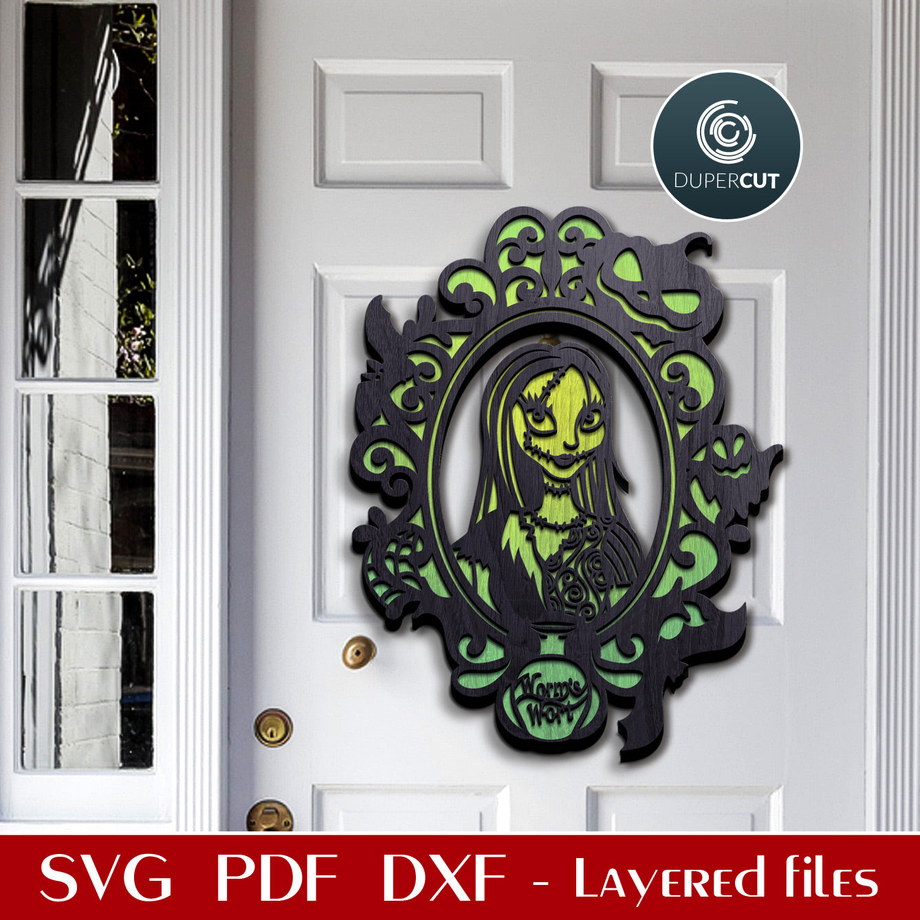 Sally pumpkin queen Halloween door hanger - SVG PNG DXF layered cutting files for Glowforge, Cricut, Silhouette, CNC plasma laser machines by DuperCut