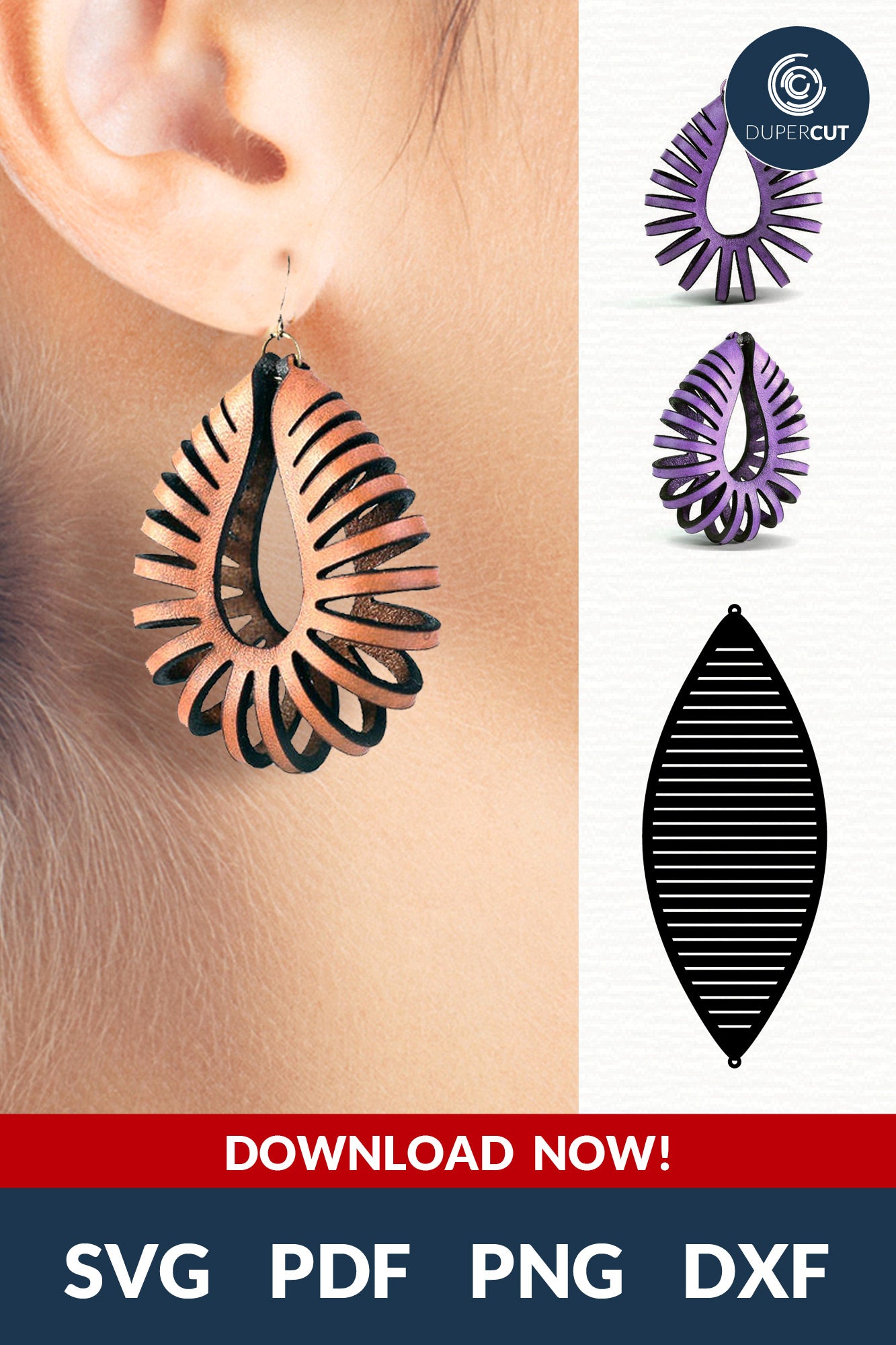 3D sculpted Leather Earrings pattern SVG PDF DXF vector files. Jewellery making template for laser and cutting machines - Glowforge, Cricut, Silhouette Cameo.