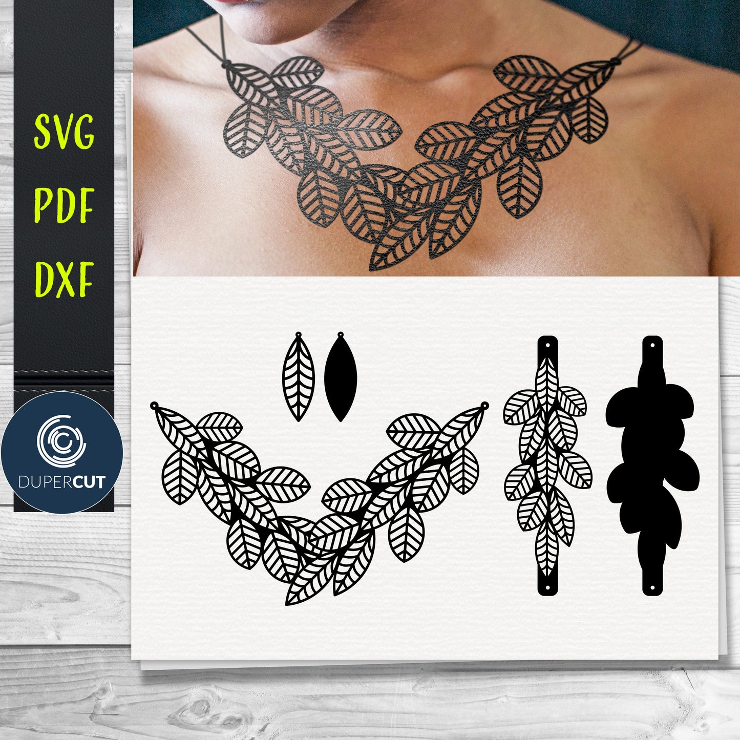 DIY Leather Earrings, necklace and bracelet set SVG PDF DXF vector files. Jewellery making template for laser and cutting machines - Glowforge, Cricut, Silhouette Cameo.