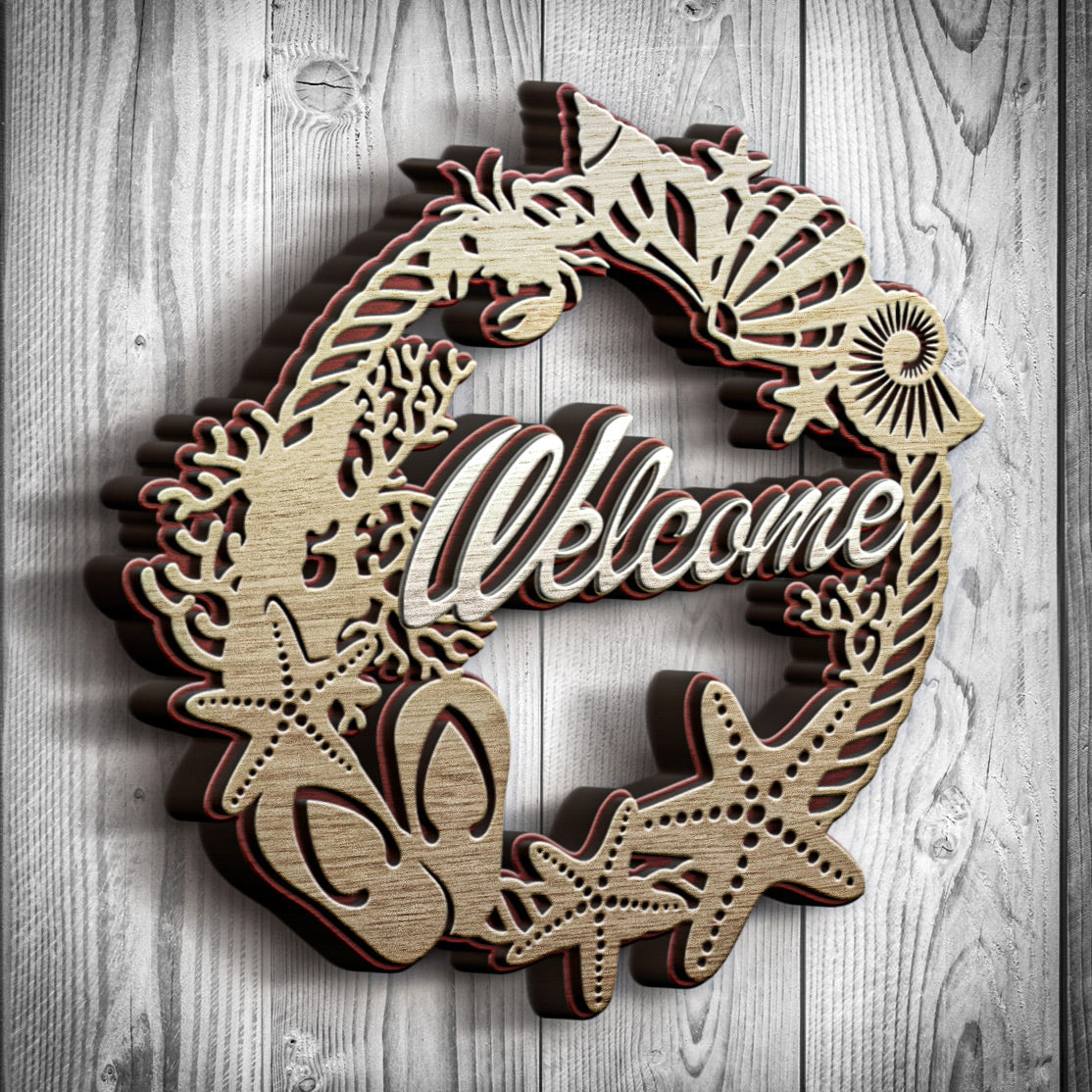 Seashells welcome sign, layered files, cottage decoration. Layered laser files. SVG JPEG DXF files. Template for paper cutting, laser cutting. For use with Cricut, Glowforge, Silhouette Cameo, CNC machines.