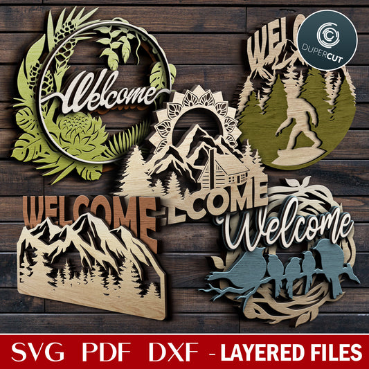 Welcome sign bundle 5 designs - layered laser cutting files SVG PDF DXF templates for commercial use. Glowforge, Cricut, Silhouette Cameo, CNC plasma machines