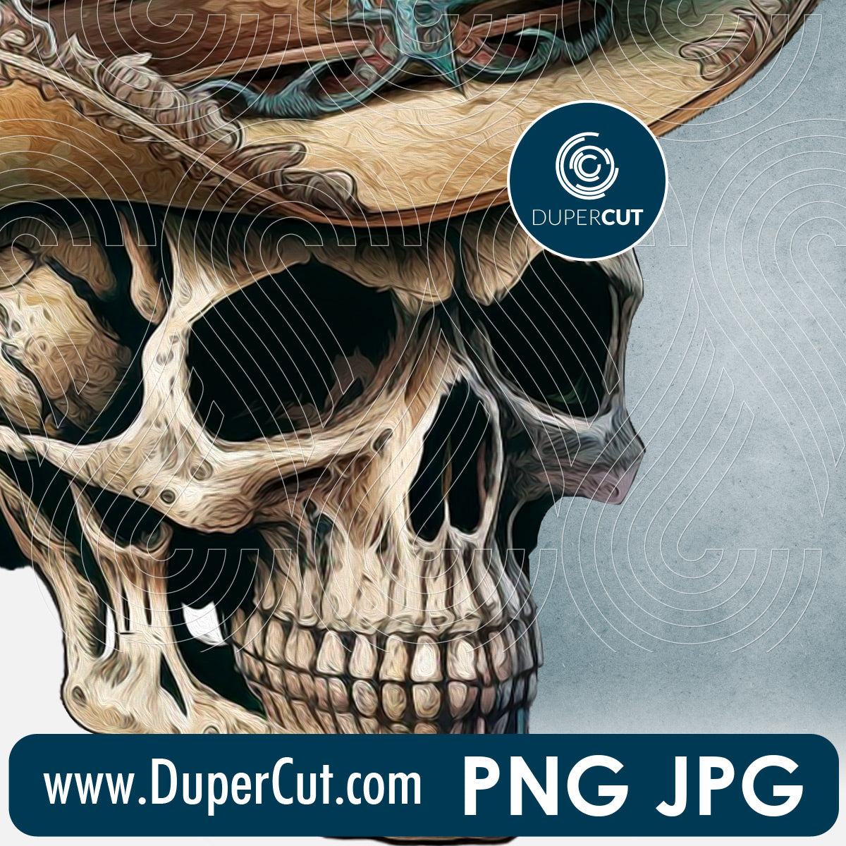Skull sheriff in cowboy hat - full color files for sublimation, print on demand, high resolution PNG JPG template transparent background by www.dupercut.com