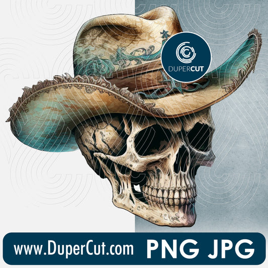 Skull sheriff in cowboy hat - full color files for sublimation, print on demand, high resolution PNG JPG template transparent background by www.dupercut.com