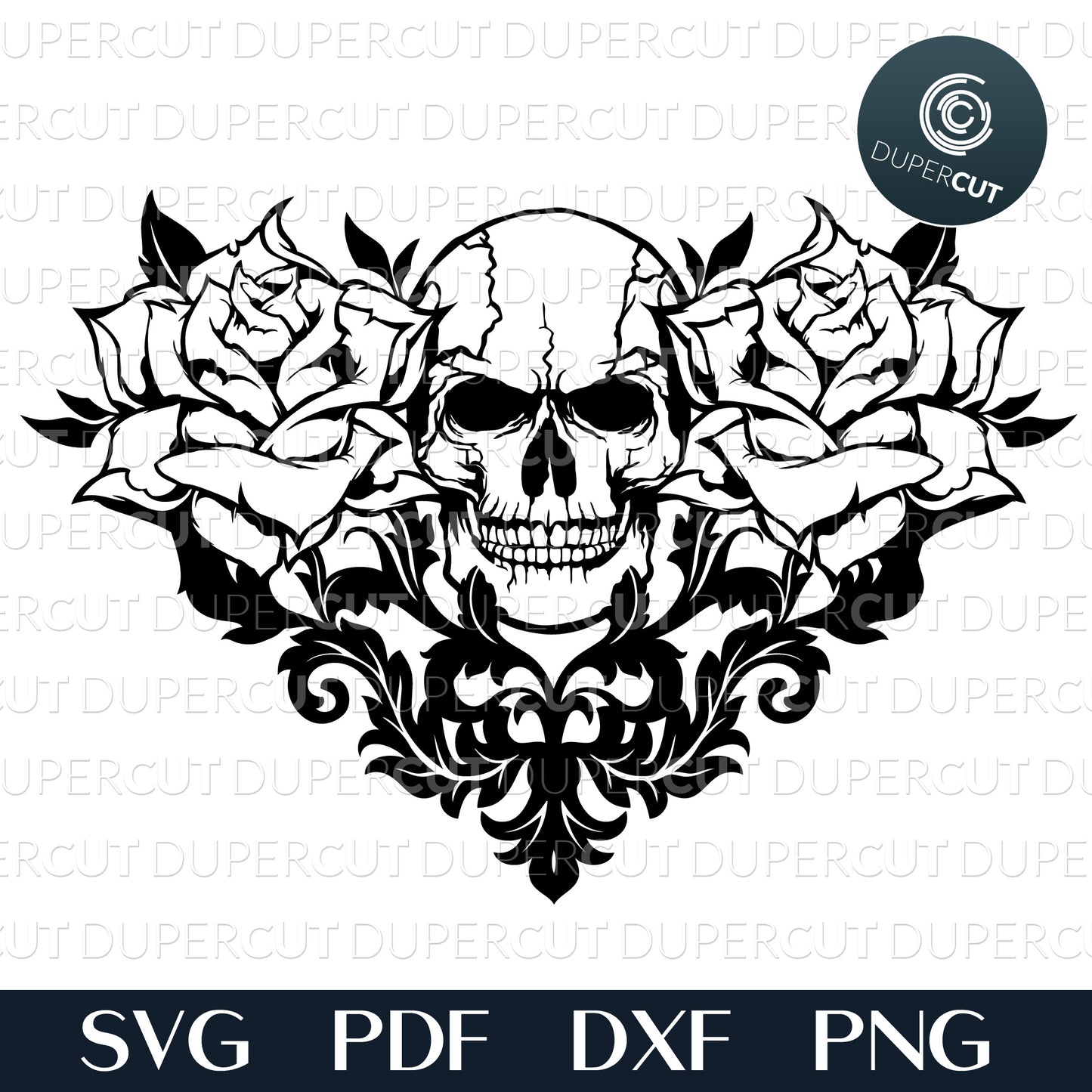 Paper cutting template - Steampunk Heart-shaped skull with roses and ornaments. Black and white line art design. - SVG PNG DXF files for cutting machines: Cricut, Silhouette Cameo, Glowforge, CNC