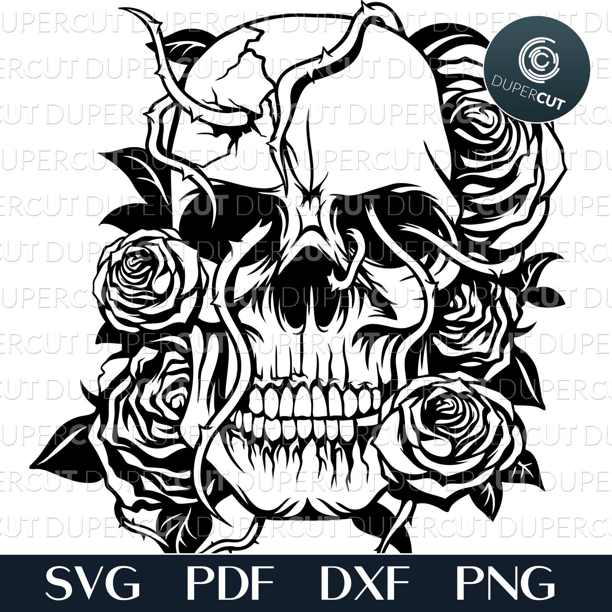 Skull and roses - steampunk gothic illustration. SVG PNG DXF cutting files for laser, engraving, printing, Cricut, Silhouette and Glowforge machines.