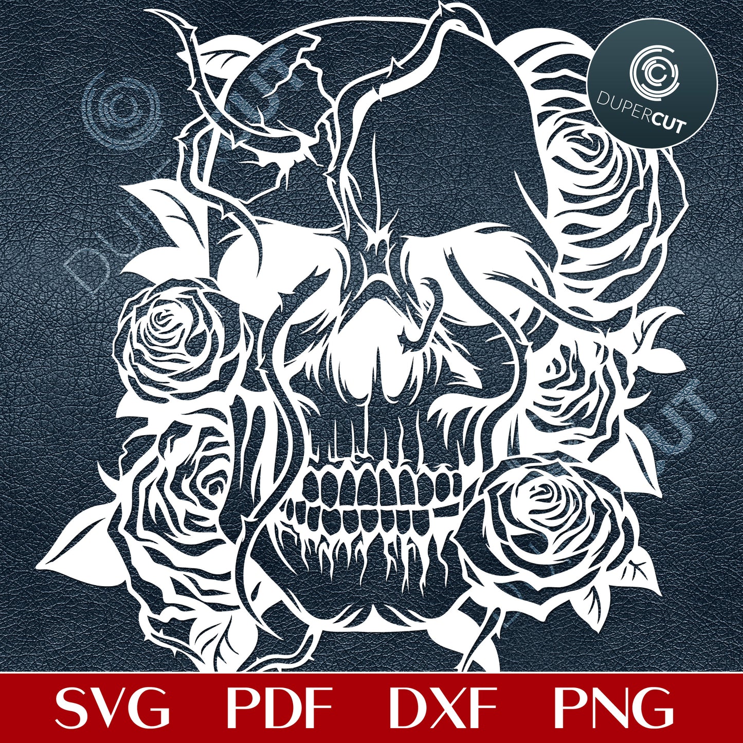 Skull and roses - line drawing tattoo design. SVG PNG DXF cutting files for laser, engraving, printing, Cricut, Silhouette and Glowforge machines.