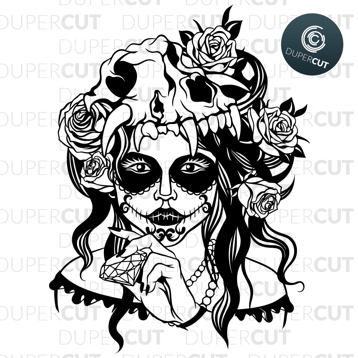 Girl sugar skull with roses and diamond, black line art tattoo template - SVG DXF PNG files for Cricut, Glowforge, Silhouette Cameo, CNC Machines