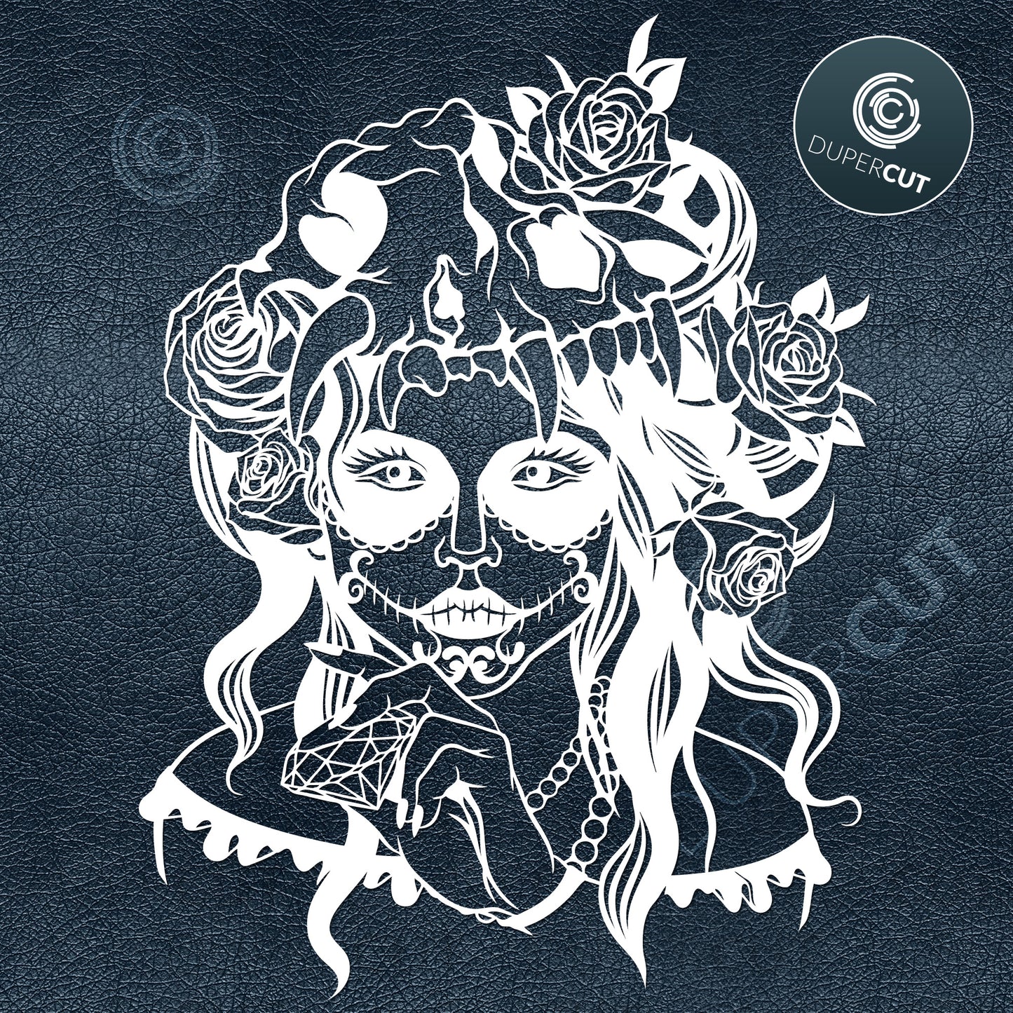 Female sugar skull, papercutting art template - SVG DXF PNG files for Cricut, Glowforge, Silhouette Cameo, CNC Machines, commercial license
