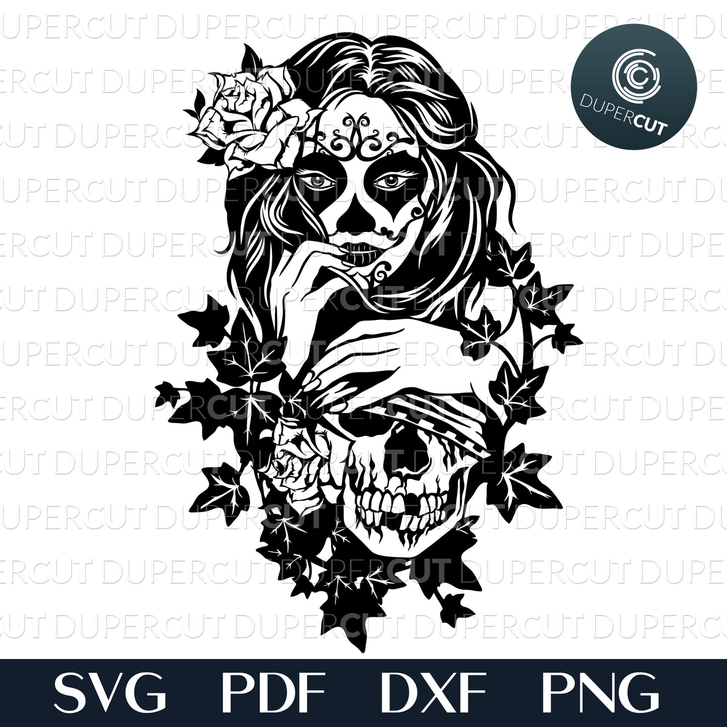 Girl sugar skull with roses, line art black illustration, papercutting template - SVG DXF PNG files for Cricut, Glowforge, Silhouette Cameo, CNC Machines
