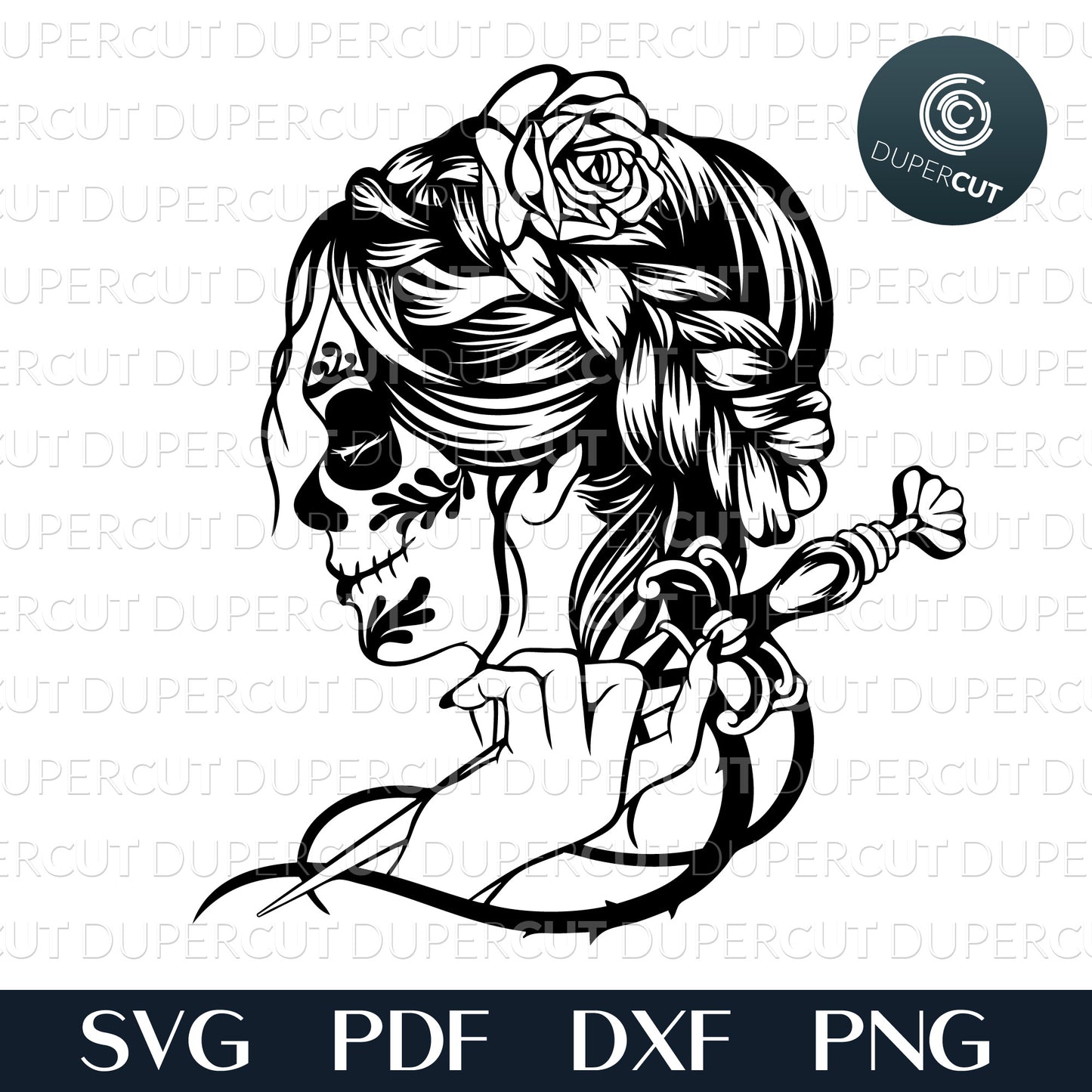 Girl sugar skull with dagger, day of the dead, cutting template - SVG DXF PNG files for Cricut, Glowforge, Silhouette Cameo, CNC Machines
