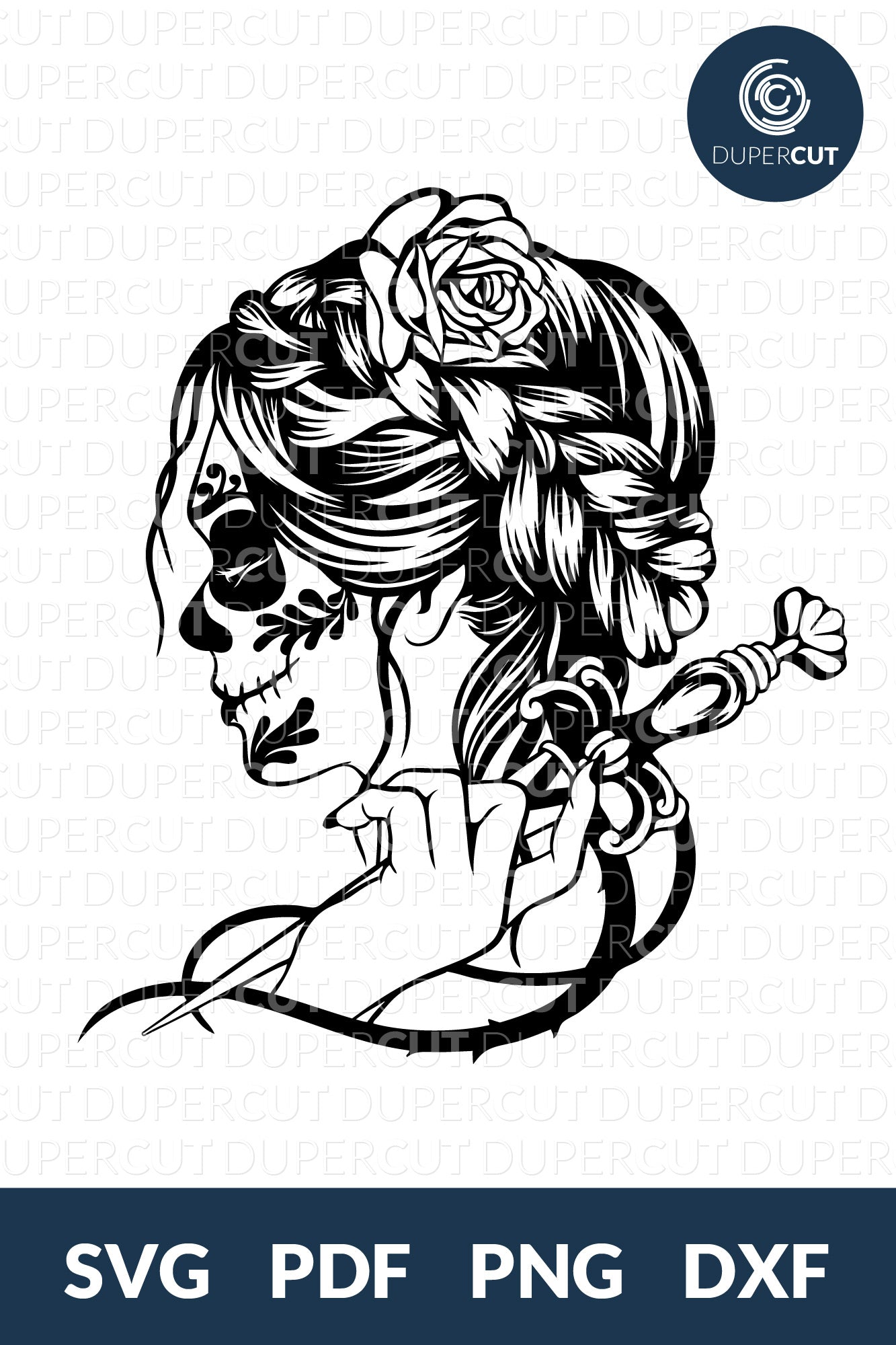 Woman sugar skull, dia de los muertos tattoo, cutting template - SVG DXF PNG files for Cricut, Glowforge, Silhouette Cameo, CNC Machines