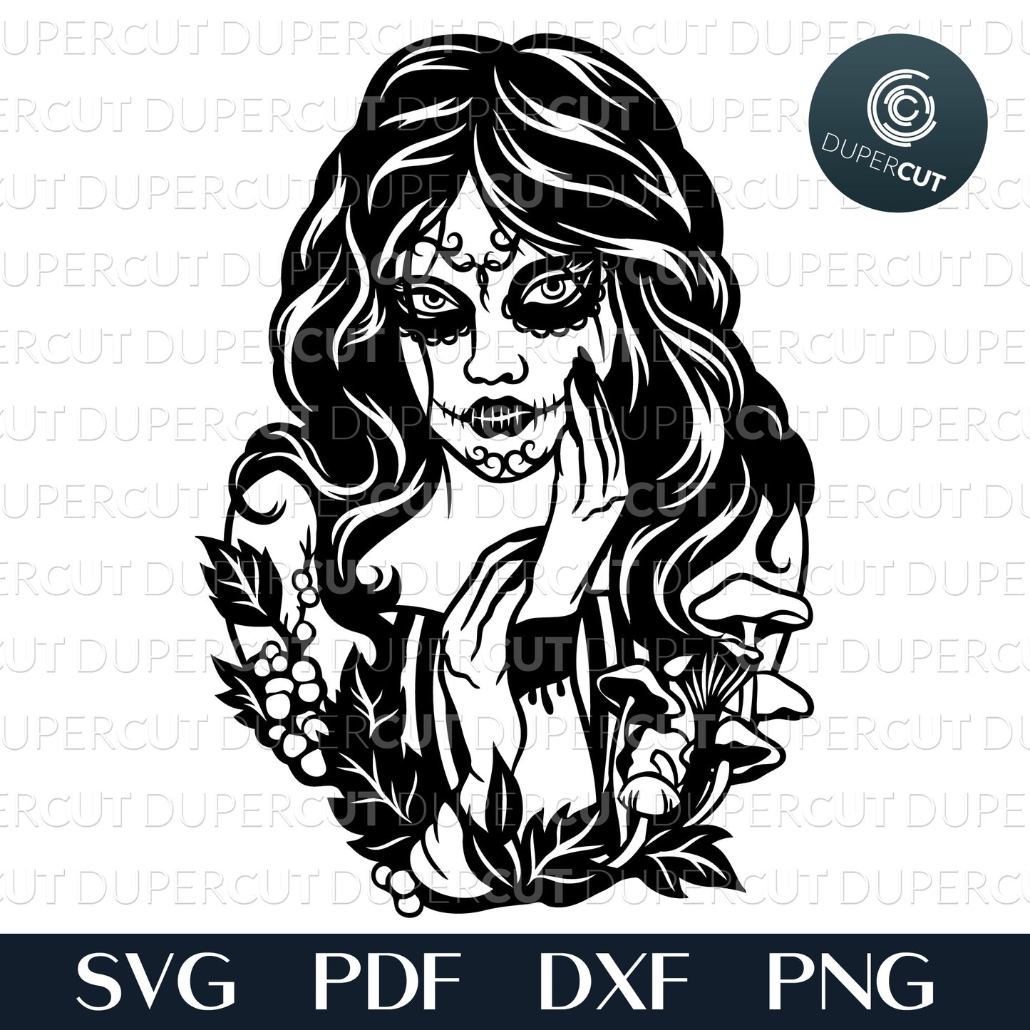 Paper cutting template - Sugar Skull Girl - Gothic Illustration black and white, steampunk skull SVG PNG DXF cutting files for Cricut, Glowforge, Silhouette cameo, laser engraving