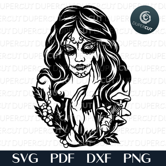 Paper cutting template - Sugar Skull Girl - Gothic Illustration black and white,  steampunk skull SVG PNG DXF cutting files for Cricut, Glowforge, Silhouette cameo, laser engraving
