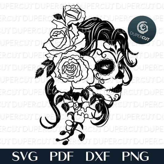 Paper cutting template - Sugar Skull Girl with Roses,  steampunk skull SVG PNG DXF cutting files for Cricut, Glowforge, Silhouette cameo, laser engraving