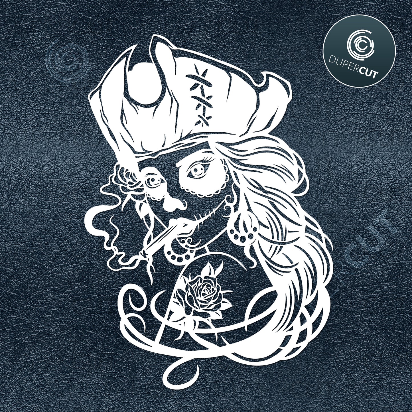 Woman sugar skull in pirate hat with cigar, line drawing template - SVG DXF JPEG files for CNC machines, laser cutting, Cricut, Silhouette Cameo, Glowforge engraving