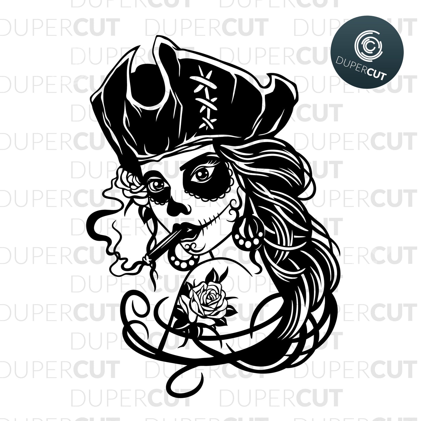 Girl sugar skull smoking cigar - vinyl cutting template - SVG DXF JPEG files for CNC machines, laser cutting, Cricut, Silhouette Cameo, Glowforge engraving