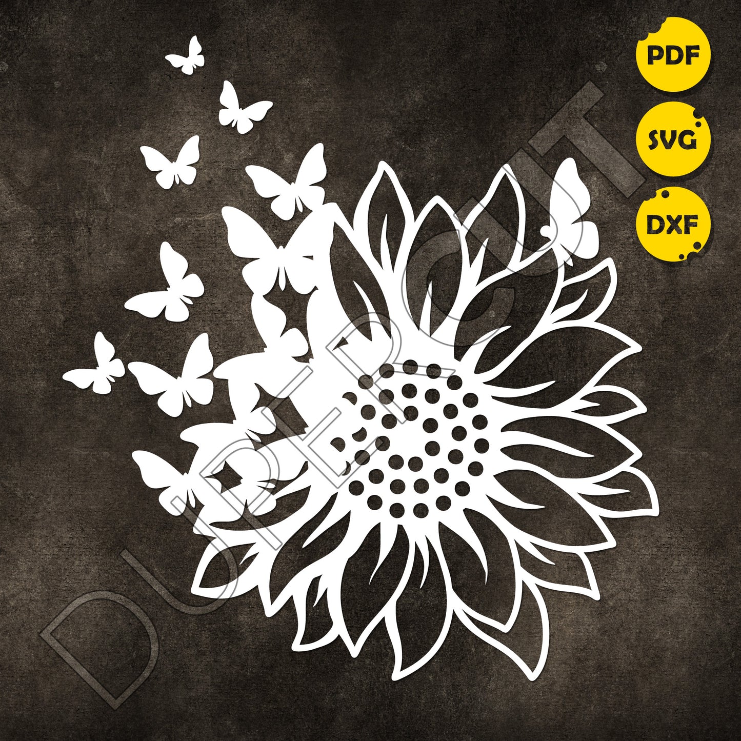 Sunflower with butterflies, vinyl cutting template - SVG DXF PNG files for Cricut, Glowforge, Silhouette Cameo, CNC Machines