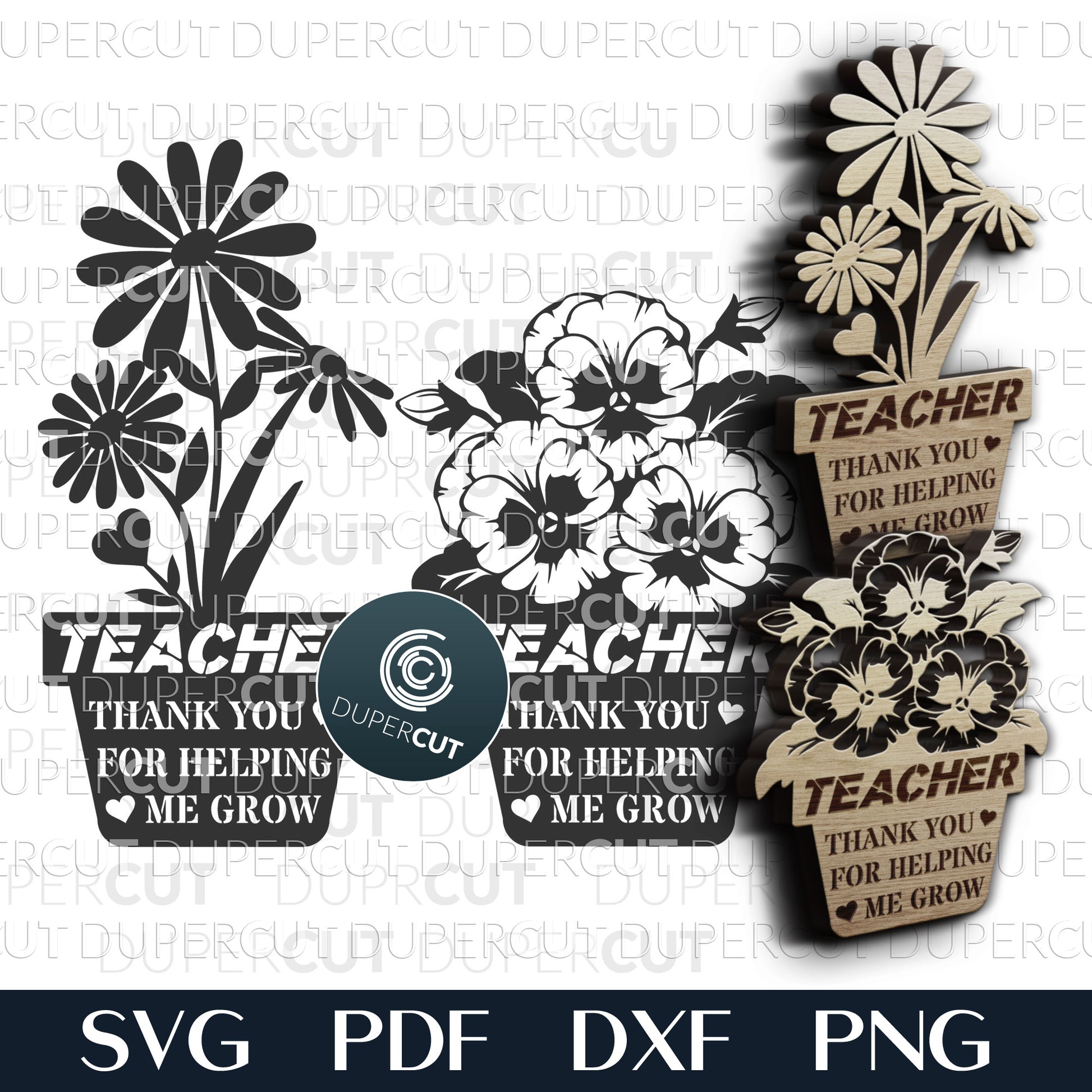 Thank you teacher for helping me grow - DIY teacher's gift flower pot, SVG PDF DXF files for Glowforge, Cricut, Silhouette Cameo, CNC plasma laser machines by DuperCut