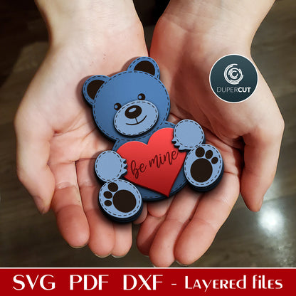 Teddy bear with heart - layered Valentine's Day pattern - SVG DXF laser cutting files for Glowforge, Cricut, Silhouette, CNC Plasma machines by DuperCut.com
