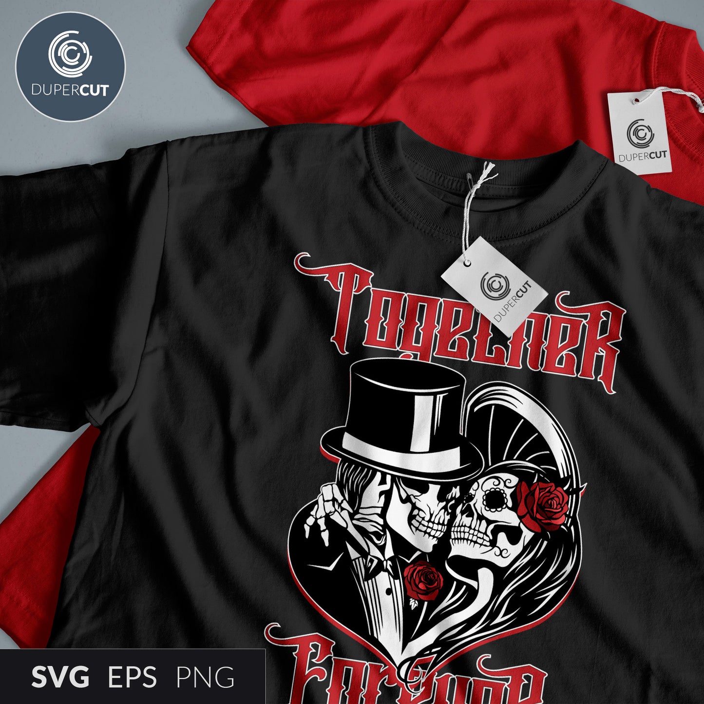 Kissing skulls color illustration - vector design for custom apparel and Merch by Amazon - SVG EPS PNG files for print on demand, sublimation, custom t-shirts, tumblers, hoodies, stickers.