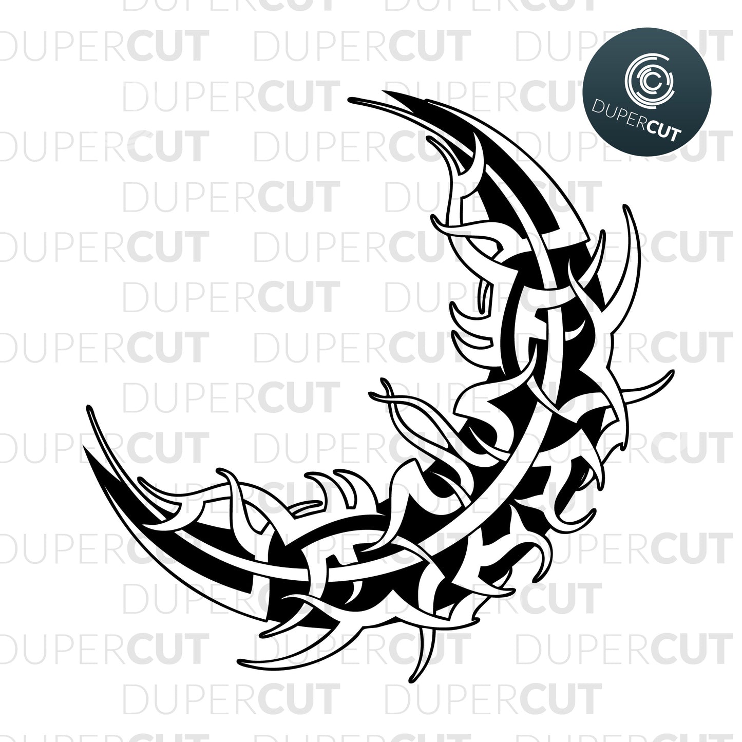 Free SVG PNG DXF tatto style tribal moon - paper cutting template, print on demand files, for Cricut, Grlowforge, Silhouette