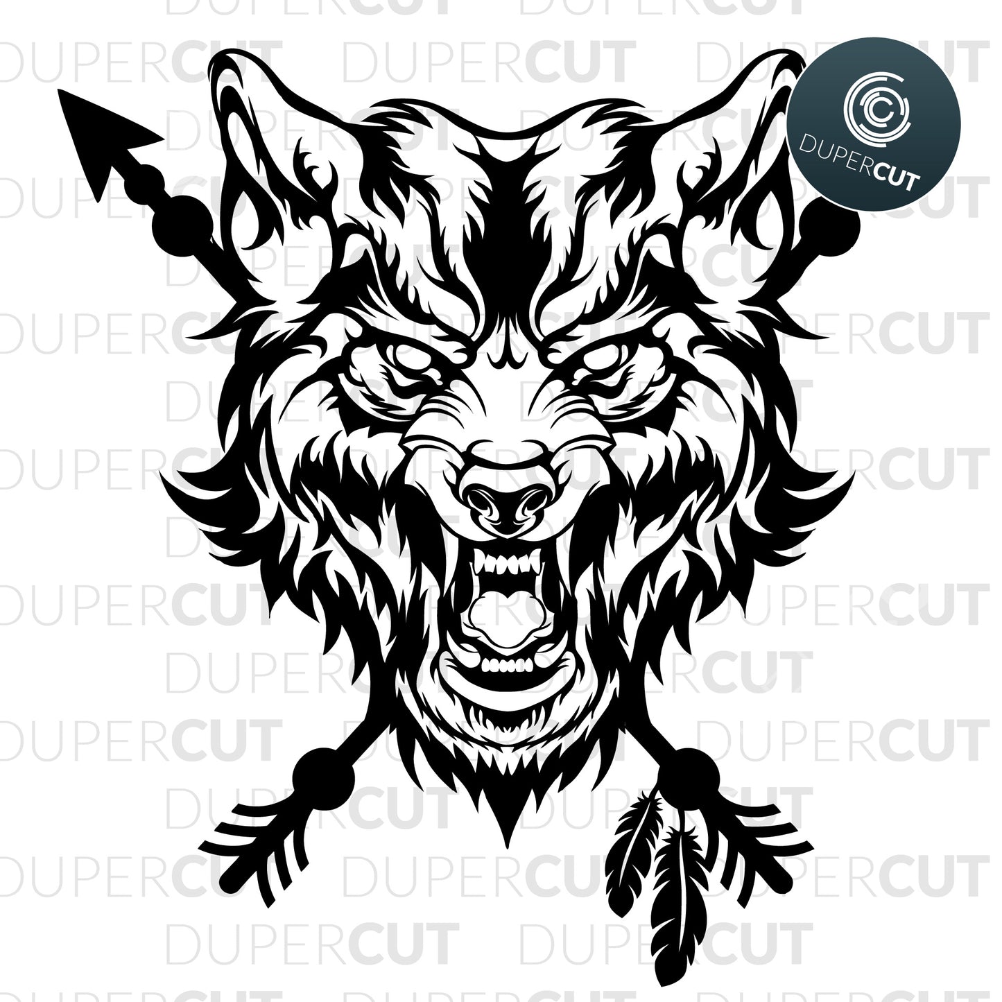 Roaring wolf head with indian arrows.. Paper cutting template SVG PNG DXF files. For DIY projects Cricut, Glowforge, Silhouette Cameo, CNC Machines.