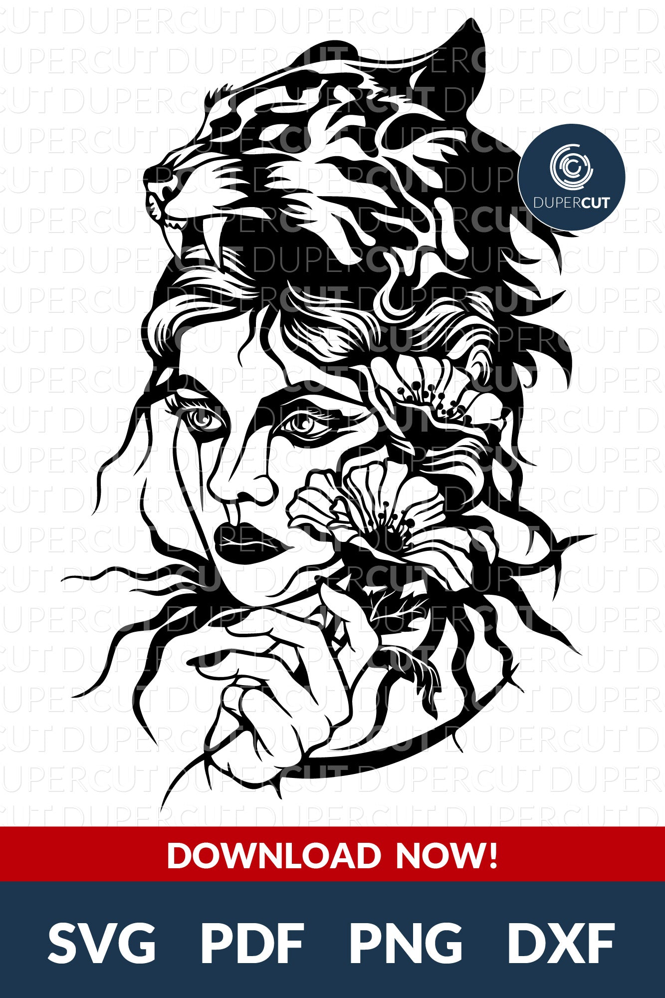 Girl with Tiger headdress and flowers, vector line drawing. Laser cutting template SVG PNG DXF files. For DIY projects Cricut, Glowforge, Silhouette Cameo, CNC Machines.
