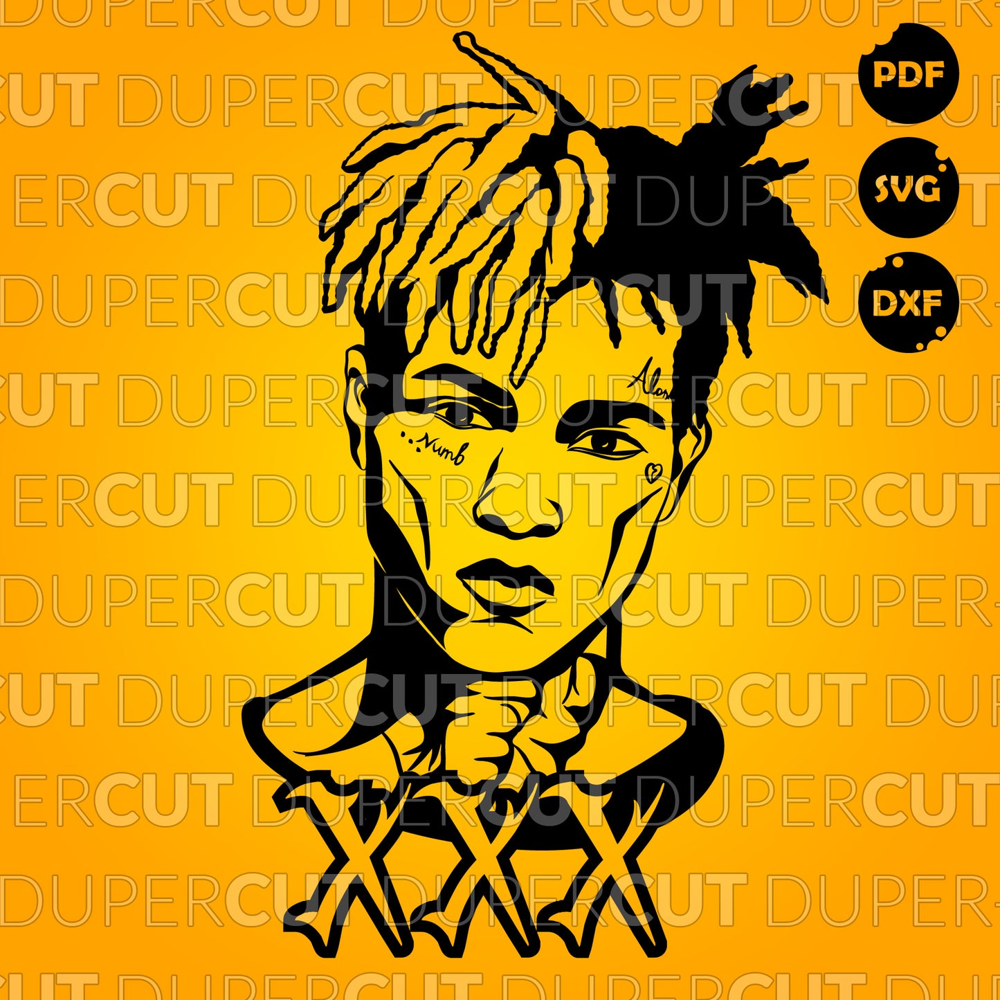 XXX Tentacion vector line art portrait illustration.. Paper cutting template SVG PNG DXF files. For DIY projects Cricut, Glowforge, Silhouette Cameo, CNC Machines.
