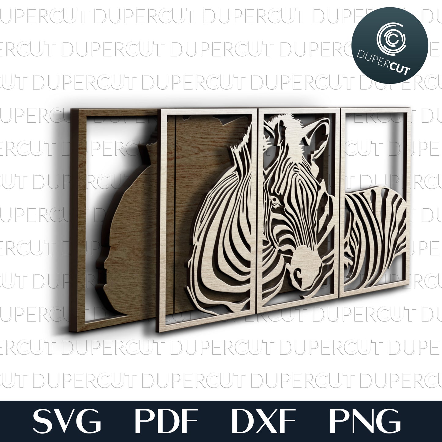 Three panel zebra diy wall art - SVG PDF DXF layered files for laser cutting with Glowforge, Cricut, Silhouette Cameo, CNC plasma machines
