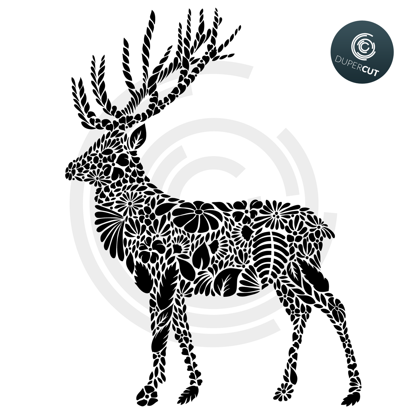 Floral deer stencil template - SVG DXF JPEG files for CNC machines, laser cutting, Cricut, Silhouette Cameo, Glowforge engraving