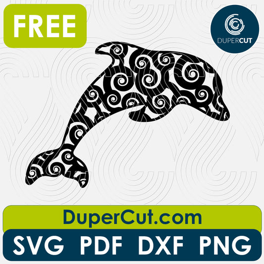 dolphin with curly pattern, FREE cutting template SVG PNG DXF files for Glowforge, Cricut, Silhouette, CNC laser router by DuperCut.com