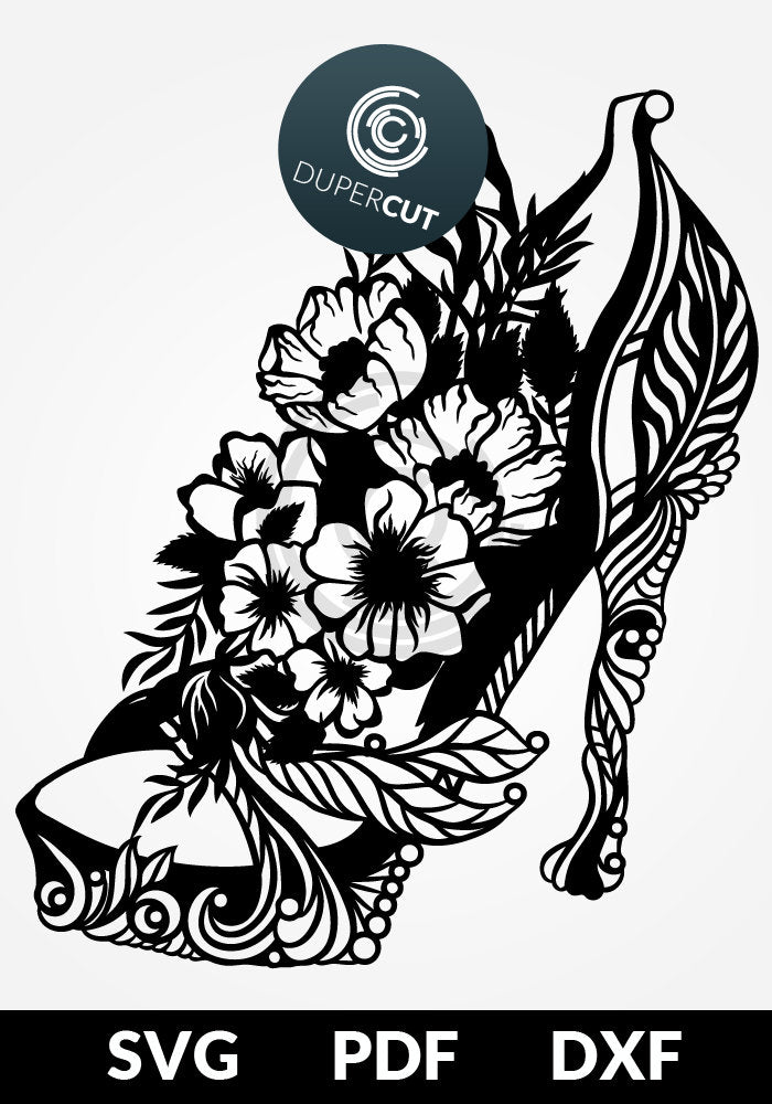 Paper cutting template - Black clipart drawing of high heel shoe with flowers - SVG PNG DXF files for cutting machines: Cricut, Silhouette Cameo, Glowforge, CNC
