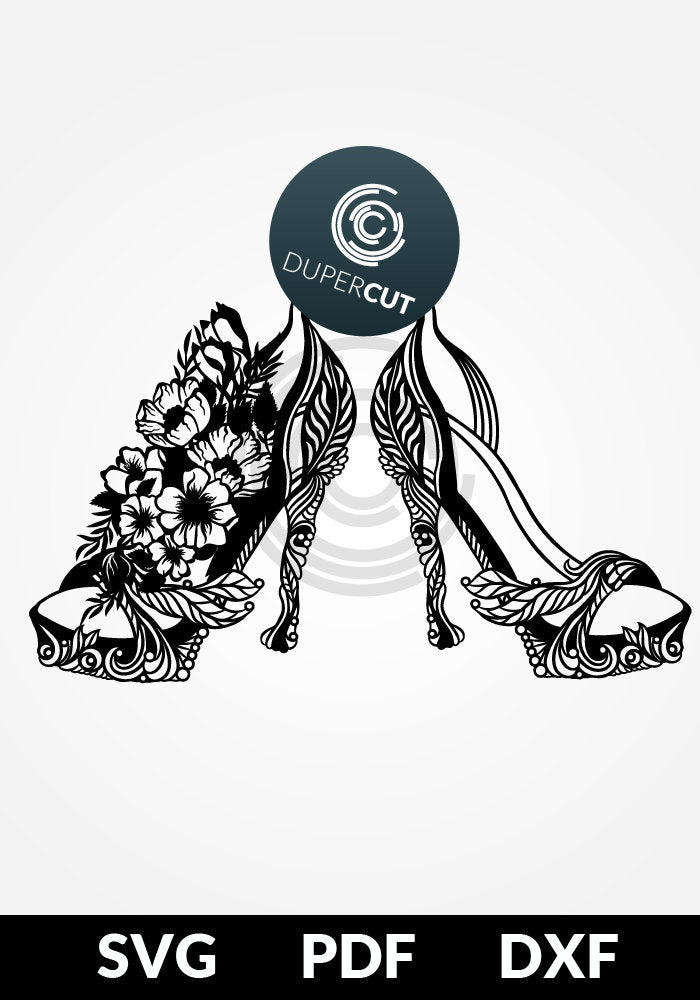 Paper cutting template - Black and white drawing of high heel shoes with flowers - SVG PNG DXF files for cutting machines: Cricut, Silhouette Cameo, Glowforge, CNC