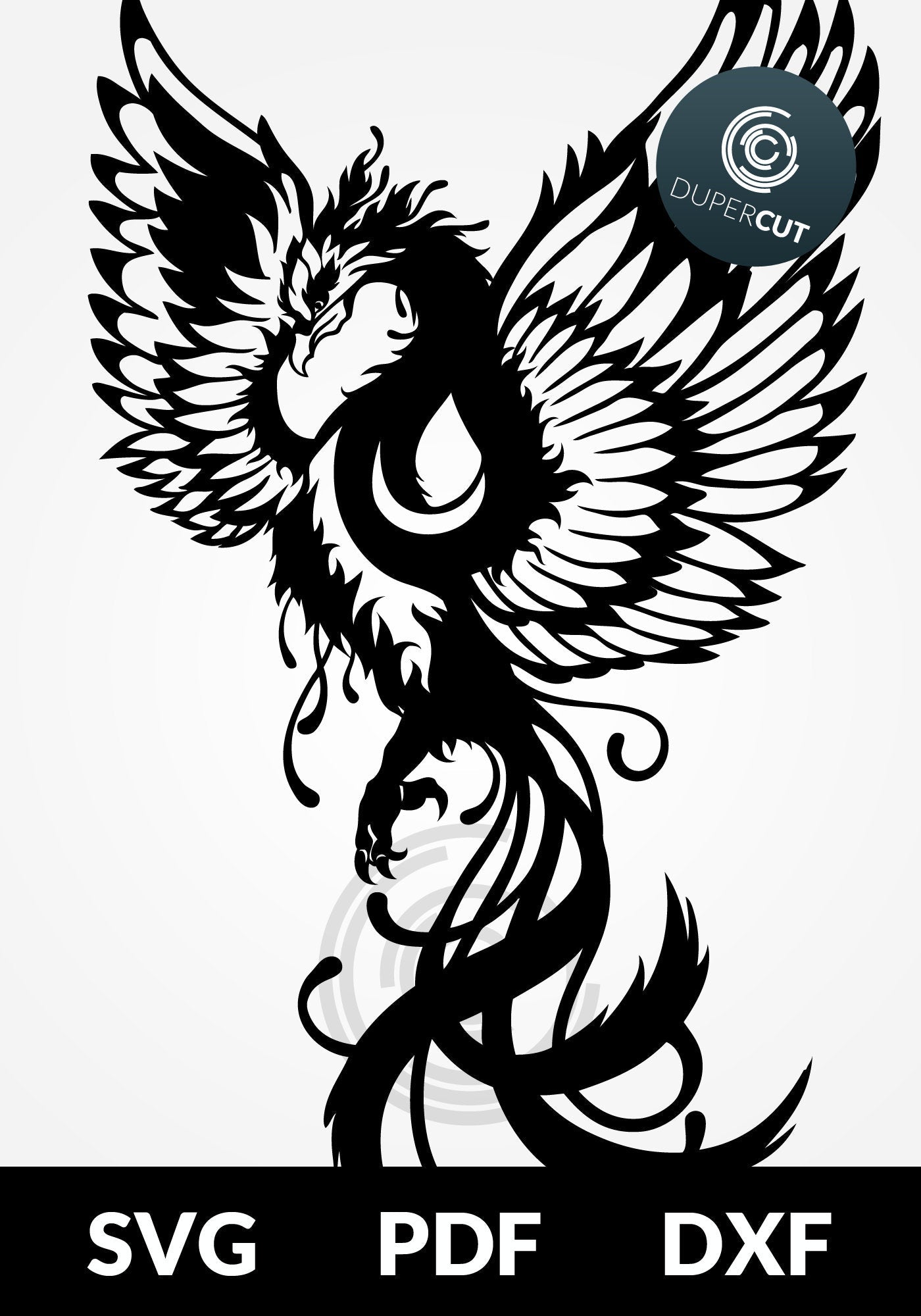 Phoenix tattoo template, original black illustration - SVG DXF JPEG files for CNC machines, laser cutting, Cricut, Silhouette Cameo, Glowforge engraving