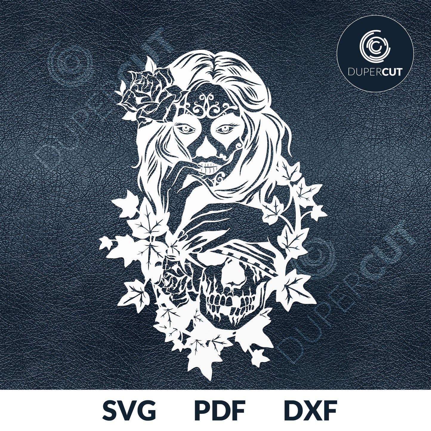 Woman sugar skull, detailed tattoo style illustration, cutting template - SVG DXF PNG files for Cricut, Glowforge, Silhouette Cameo, CNC Machines