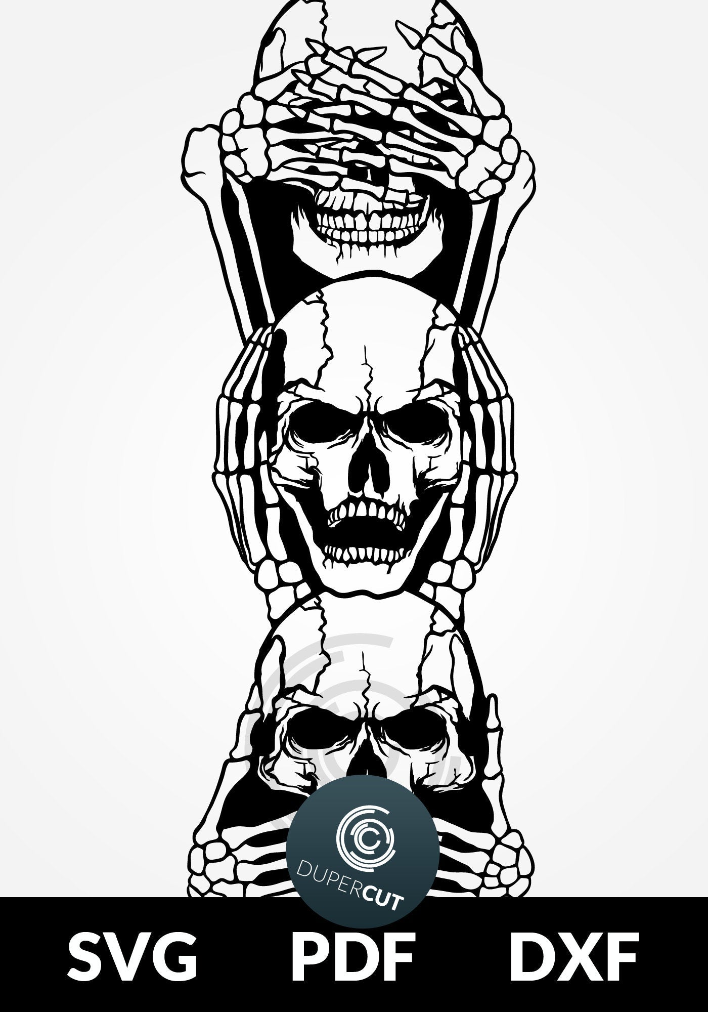 Skulls see no evil line art illustration. SVG JPEG DXF files. Template for paper cutting, laser, print on demand. For use with Cricut, Glowforge, Silhouette Cameo, CNC machines. Personal or commercial license.