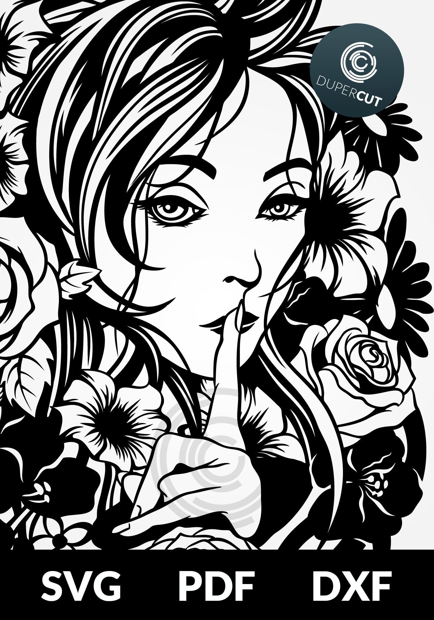 Vector graphic, girl with floral hair. SVG PNG DXF files Paper cutting template for personal or commercial use. Vinyl template cutting files for Cricut, Glowforge, Silhouette, CNC