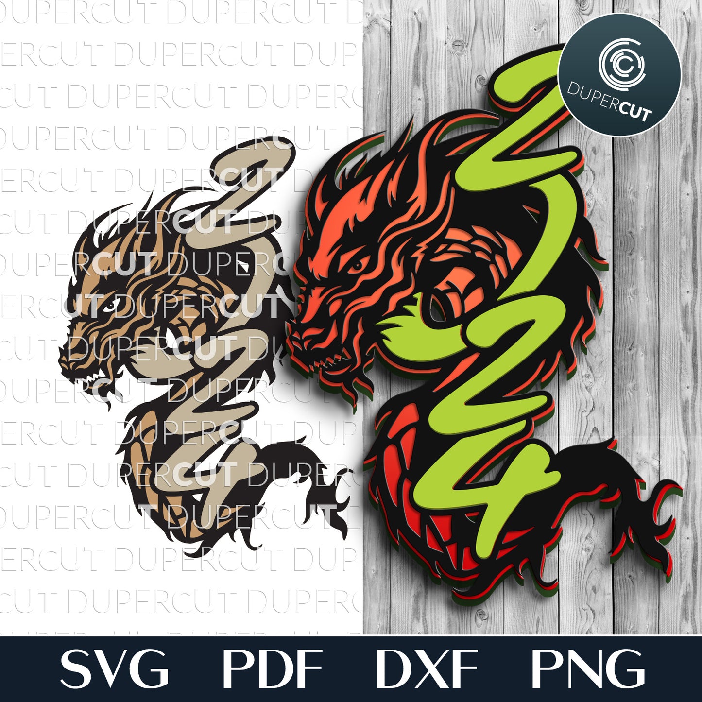 Chinese zodiac year of the Dragon - SVG DXF layered cut template for Glowforge, Cricut, Xtool, laser cutting machines by www.DuperCut.com