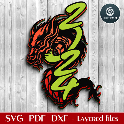 Chinese horoscope 2024 year of the Dragon - SVG DXF layered cut template for Glowforge, Cricut, Xtool, laser cutting machines by www.DuperCut.com