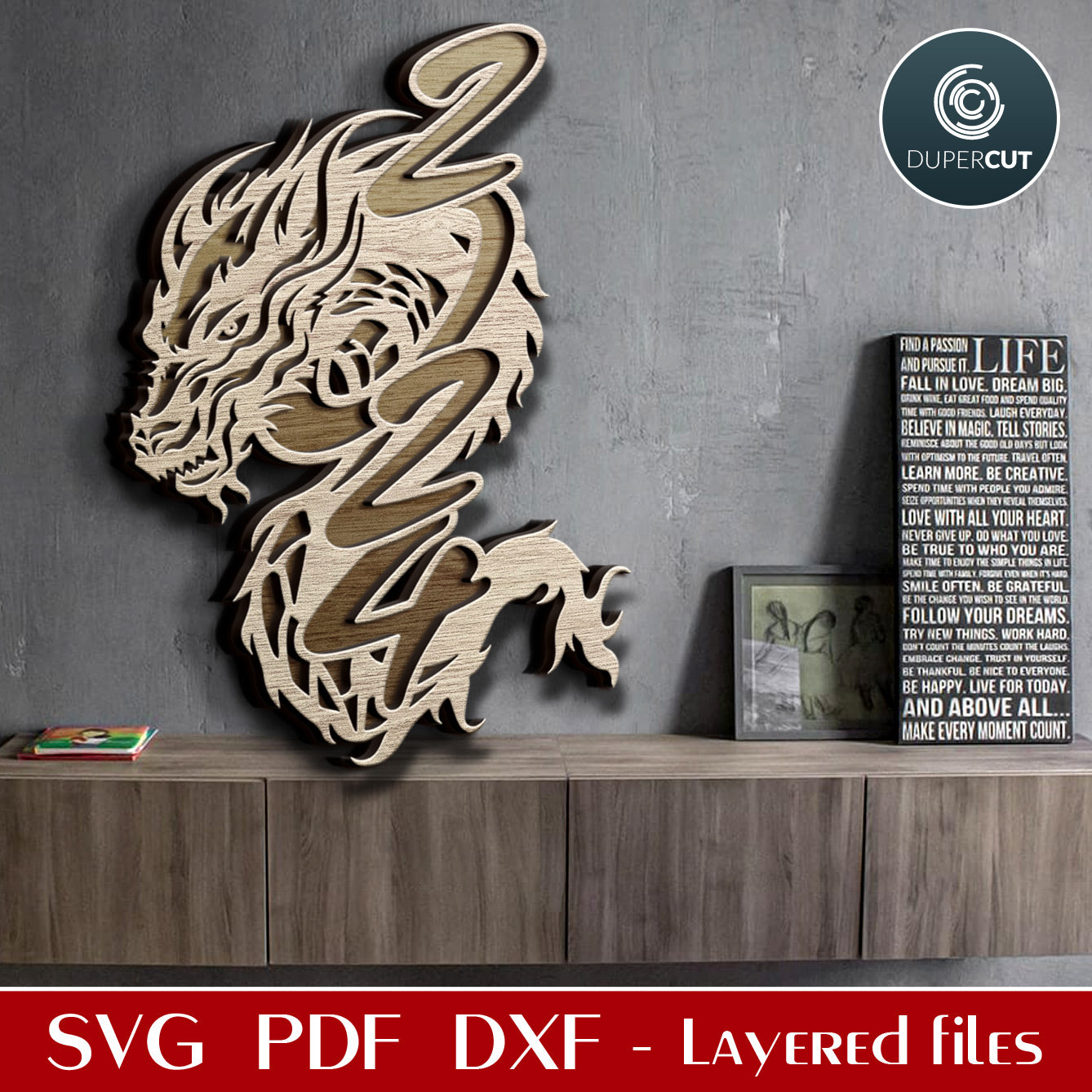 Chinese horoscope year of the Dragon - SVG DXF layered cut template for Glowforge, Cricut, Xtool, laser cutting machines by www.DuperCut.com