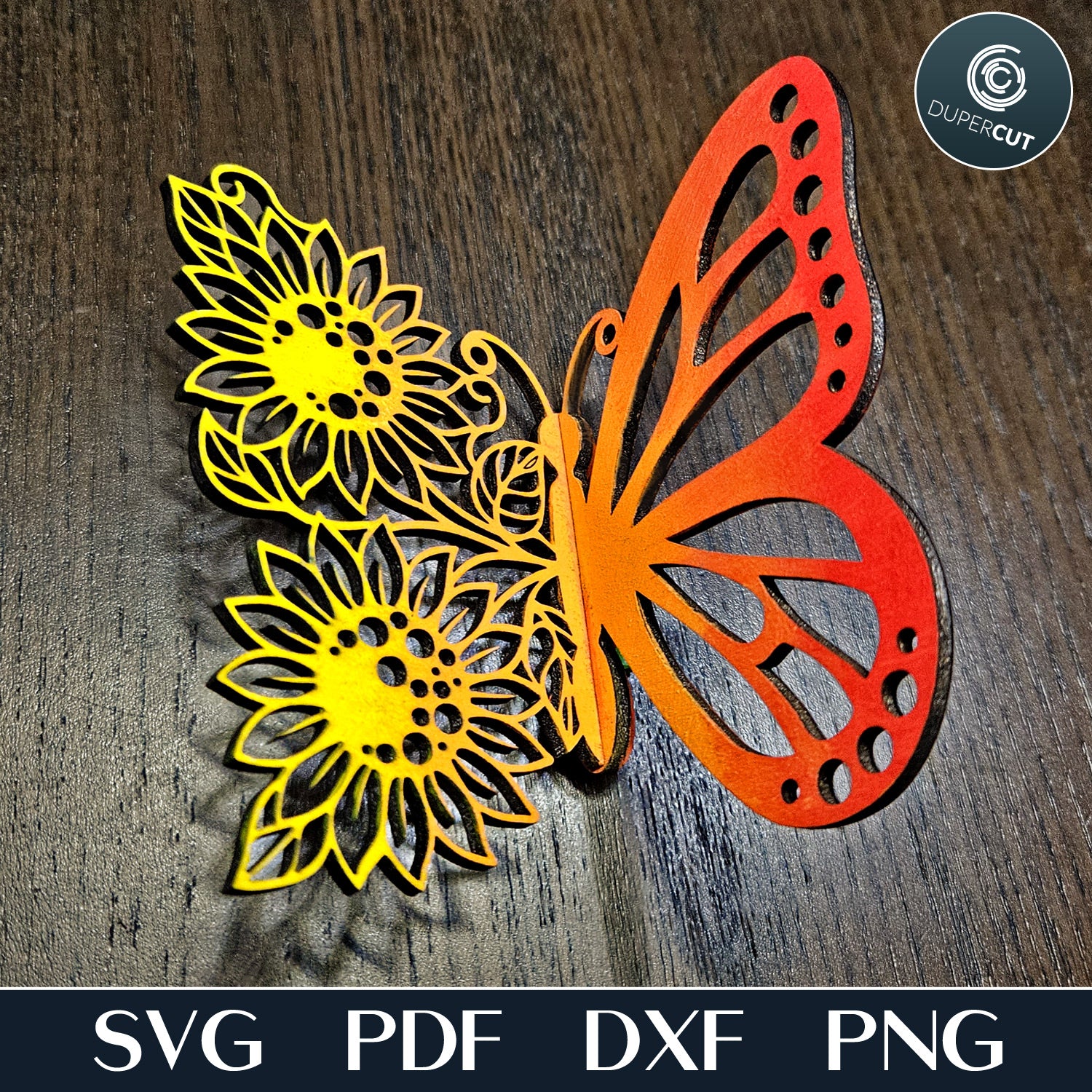 Interlocking 3d sunflower half butterfly, SVG vector template for laser cutting machines, Glowforge, Xtool, Cricut, Scroll saw pattern, CNC plasma machines by www.DuperCut.com
